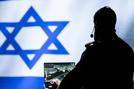 Communication systems operator working for Mossad using radio and satellite equipment, providing combat support. Israeli military dispatcher managing broadcasting networks, Israel flagの写真素材