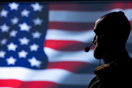 U.S. Army soldier defending democracy and helping protect United States and allies borders. Close up shot of United States military officer trained to defend his country and citizensの写真素材