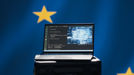 AI technology used by European Union alliance to combat illegal bot accounts on social media. Artificial intelligence algorithms detecting fake news running on laptop in EU command center, camera Aの写真素材