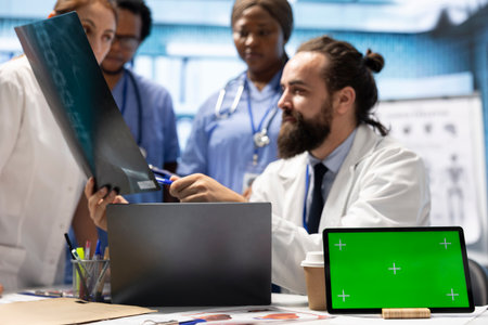 Doctors and nurses review radiography scans with a green screen on desk, discussing potential diagnosis and treatment plans in private clinic. Professional experts staff work with expertise.の写真素材