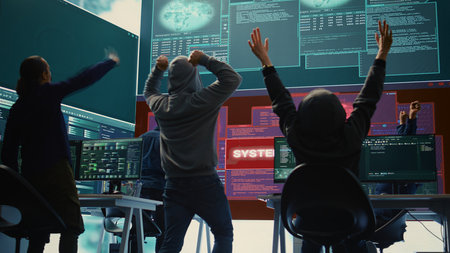 Pleased proud hackers team jumping around after gaining access into rival government database, feeling happy about their success. Professional IT experts hacking network systems. Camera B.の写真素材