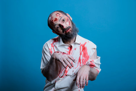 Man dressed as brainless zombie for Halloween event looking dumb and clueless. Person imitating mindless undead creature covered in blood and scars, isolated over studio backgroundの写真素材