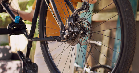 Different bike components including the rear derailleur pulley wheel and cassette seen up close...