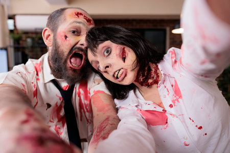 Actors having fun in office horror movie set dressed as zombies taking selfies doing comical expressions. Man and woman playing in thriller film shooting behind the scenes footage, goofing around, POVの写真素材