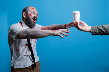 Exhausted delirious man looking like zombie, fueled by coffee, needing it to function, metaphor. Productive obedient worker showing withdrawal symptoms after lack of caffeine, studio backgroundの写真素材