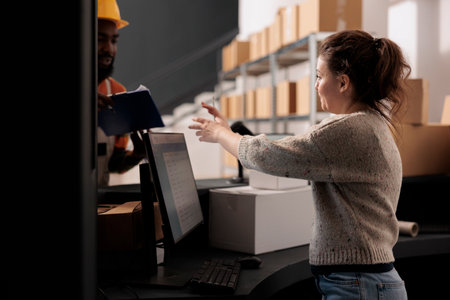 Warehouse manager discussing orders shipping details with african american worker, preparing customer packages in storage room. Diverse employees working at goods inventory in storehouseの写真素材