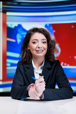 News anchor presenting daily events in newsroom, doing live reportage to address all essential topics. Global communications tv reporter reading newscast headlines on international network.の写真素材
