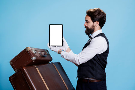 Classy bellhop presenting tablet on camera and showing isolated white screen template while he stands next to luggage, symbolizing concierge services with professionalism and commitment.の写真素材