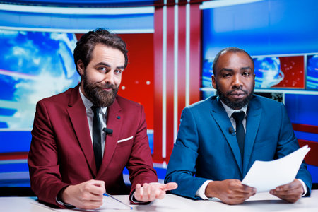 Breakfast show reporters on tv network, delivering important newscast with events worldwide. Diverse presenters using headlines to provide exclusive television content, media host.の写真素材