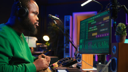 Music technician with headset mixing and mastering his audio recordings, operating on console in...