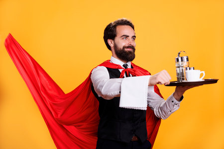 Luxury waiter with cape holds tray in studio, feeling confident and powerful while he is serving people at restaurant. Man with butler occupation indicated determination, dining personnel.の写真素材