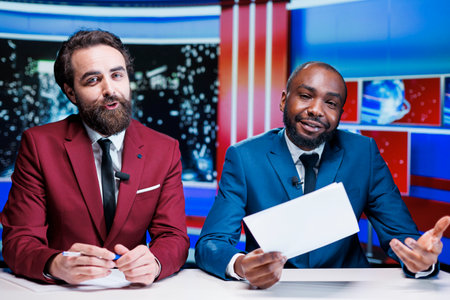 Diverse newscasters covering all topics on late night talk show, presenting latest news on worldwide events. Journalists team reporting live information from media outlets, newscast content.の写真素材