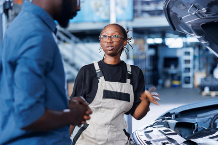 Experienced mechanic helping client with car maintenance in auto repair shop. Employee in garage facility looking over automobile parts with woman, mending her vehicle alternator during inspectionの写真素材