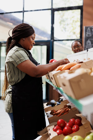 Black woman wearing an apron is organizing homegrown fruits and vegetables on shelves in bio food market. African american female seller checking fresh organic produce in eco friendly grocery shop.の写真素材