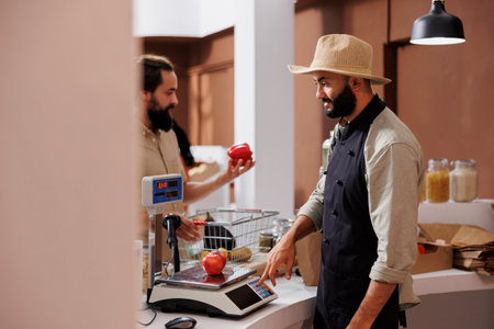Caucasian man buying fresh produce while vendor uses electronic scale at organic supermarket checkout. Storekeeper with a hat is weighing organic fruits and vegetables while customer waits.の写真素材