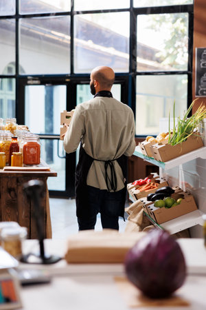 Arab male storekeeper holding two boxes filled with various fruits and vegetables. Vendor wearing black apron while walking in aisle of grocery store with freshly harvested produce in his hands.の写真素材