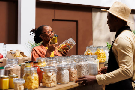 African American female client shops in eco friendly supermarket, discussing organic items with vendor. Black woman speaking with the shopkeeper while holding glass jars. Local, sustainable market.の写真素材