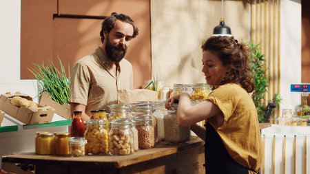 Client talking with vendor in zero waste supermarket, inquiring about food items provenience, making sure they have ethical sourcing. Man in local store chatting with storekeeper about bulk productsの写真素材