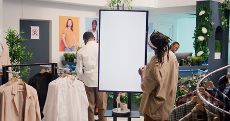 Customer in high tech thrift shop using digital screen to find perfect outfit. African american...