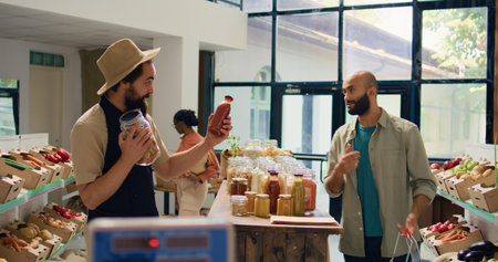 Seller using scale at checkout counter, weighting food items and fresh produce for middle eastern shopper in grocery store. Vendor selling pantry supplies in bulk to man in local market.の写真素材