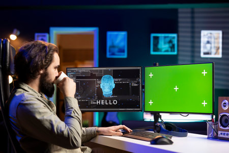 Software developer drinking coffee, watching AI on green screen PC gaining consciousness. Computer scientist consuming hot beverage, seeing artificial intelligence talking on mockup monitorの写真素材