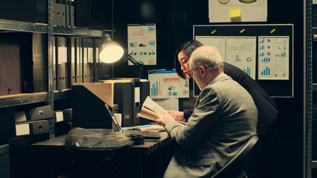 Detectives team search for missing persons or unsolved cases in archived records, looking for connection between investigations. Private agents working with forensic evidence in archive. Camera A.の写真素材