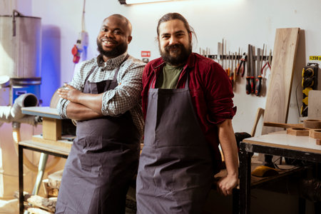 Portrait of joyous team of artisans preparing to start production in messy furniture assembly shop. Jolly woodworking specialists coworkers in studio at workbench ready to cut wood piecesの写真素材