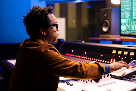 African american record producer adjusting sound settings on control board desk, editing tunes in professional studio. Music engineer working on mixing console to edit music, pushing faders.の写真素材