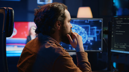 Computer scientist writes code on PC to visualize artificial intelligence neural networks. Remote IT...