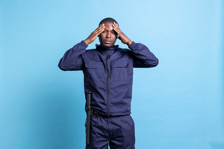 Gloomy anxious security guard having a headache while on duty, feeling under pressure and suffering from sickness. Distraught agent with migraine, unhappy with flu symptoms in studio.の写真素材