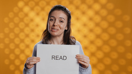 Woman holding message in hands urging people to read more, talking about importance of lecture, isolated over studio background. Bookworm promoting literacy concept, camera Bの写真素材