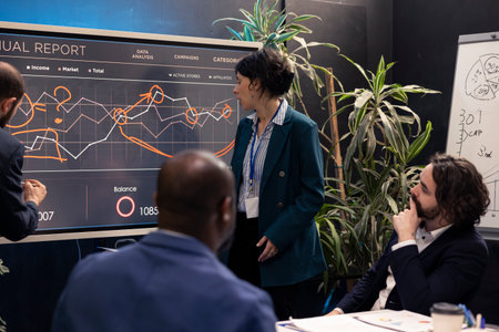 Team members attending conference in a boardroom and presenting the situation, trying to detect...