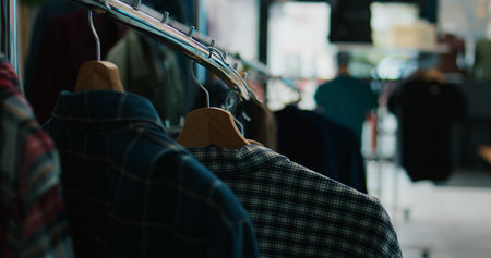 Shopping center having elegant shirts and suits on display, selling fashionable items and accessories. Empty clothing store at mall filled with formal or casual wear, consumerism concept. Camera B.の写真素材