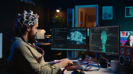 Computer engineer using EEG headset, starting mind upload process using brain machine interface. Man using neuroscientific device to transfer consciousness into cyberspace, typing code, camera Bの写真素材