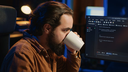 Focused programmer drinking coffee in apartment while solving database errors on computer. Remotely working IT admin concentrated on finalizing coding project in home office, camera Aの写真素材