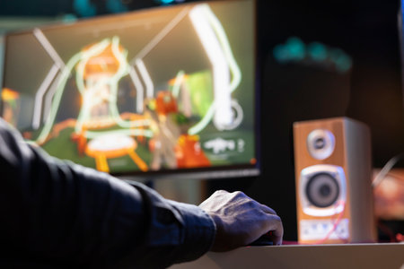 Player using keyboard and mouse to play first person shooter videogame on PC, enjoying leisure time. Man in living room using high tech computer peripherals, close upの写真素材
