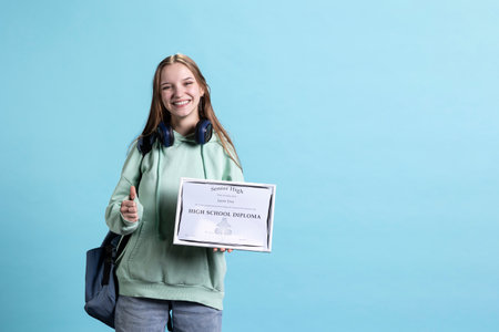 Joyful girl holds school diploma and doing thumbs up hand gesturing, showing approval, having positive mood. Upbeat student with graduation certification doing agreement finger sign, studio backgroundの写真素材