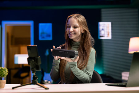 Happy teenage online star in apartment studio filming video about best bluetooth music playing devices of the year. Upbeat young tech guru evaluating sound quality output of portable speakerの写真素材