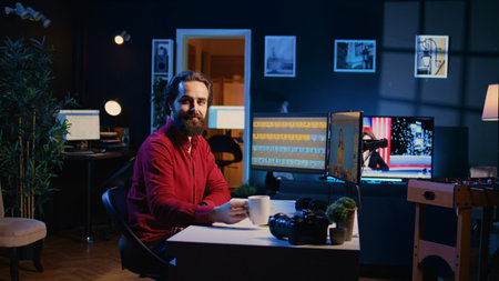 Portrait of smiling content specialist working in graphic design company, selecting best editorial...