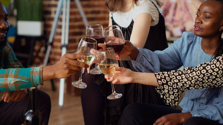 Close up shot of wine glasses being clinked at apartment party by BIPOC group of people celebrating their friendship together. Friends having reunion gathering, enjoying appetizers platterの写真素材