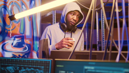 African american hacker starting his day with cup of coffee, contracted by company in secret to do...