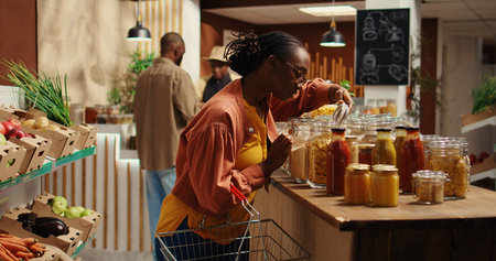Vegan client examining types of pasta on sale at zero waste store, supporting local small business and low carbon footprint movement. Woman searching for natural eco friendly food supplies. Camera 2.の写真素材