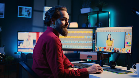 Portrait of smiling photographer creating digital portfolio to showcase work after finishing...