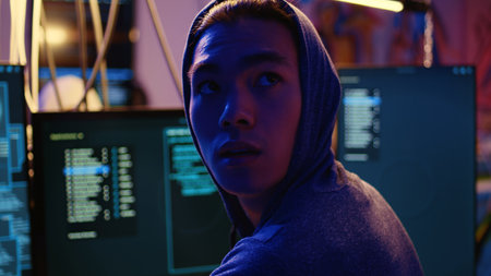 Close up shot on hacker in graffiti painted hideout feeling paranoid while developing spyware...