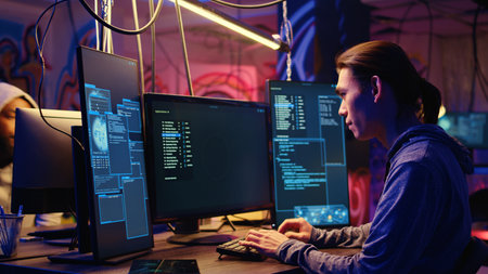 Tracking shot of asian hacker arriving in hidden underground shelter, prepared to launch DDoS attack on websites. Cybercriminal starting work on script that can crash businesses serversの写真素材