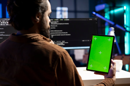 Programmer designing and developing software applications using green screen tablet. IT...