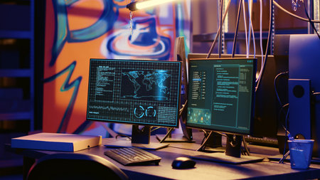 High tech computer system in hidden underground base used for international espionage. PC equipment used for intercepting soundwaves in empty hideout with graffiti painted wallsの写真素材
