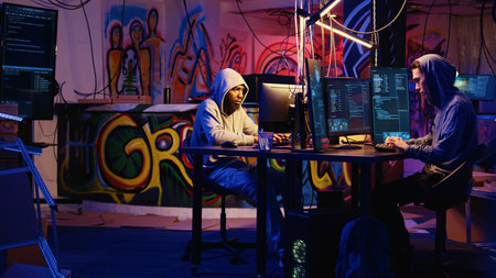 Team of individuals typing fast on keyboards in graffiti painted room, rushing to finish developing...