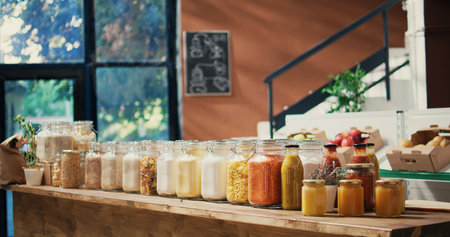 Pasta and sauces in reusable glass jars on store shelves, low carbon footprint sustainable lifestyle...