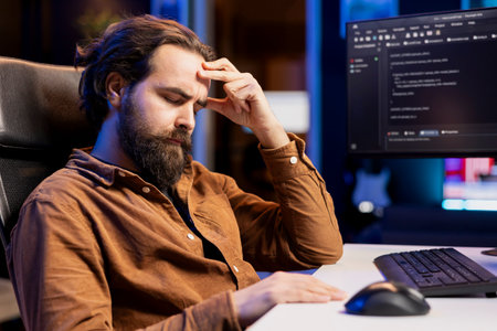Tired man hurting from too much stress accumulated while doing software quality assurance, reading source code on computer. Developer suffers from headache after inspecting coding on PC for too longの写真素材